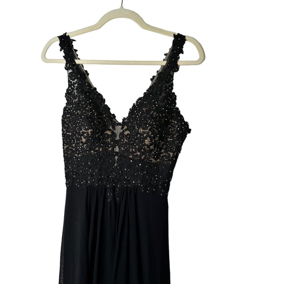 Faviana Black Chiffon Lace Embroidered Beaded Top Prom Evening Gown Dress Size 2 - Picture 2 of 11